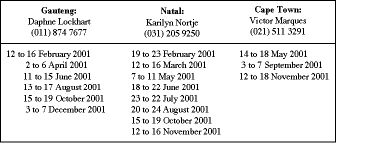 Training course schedule for 2001: the dates given above start on Mondays - (Basic course starting date)